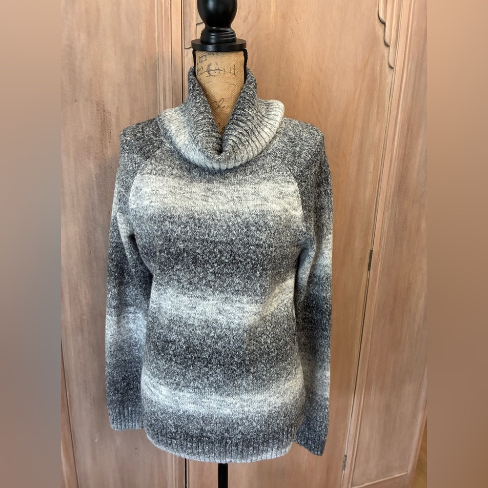 Columbia Cowl Neck Chunky Knit Sweater Ombré Gray Purple Lavender Plum Stripe